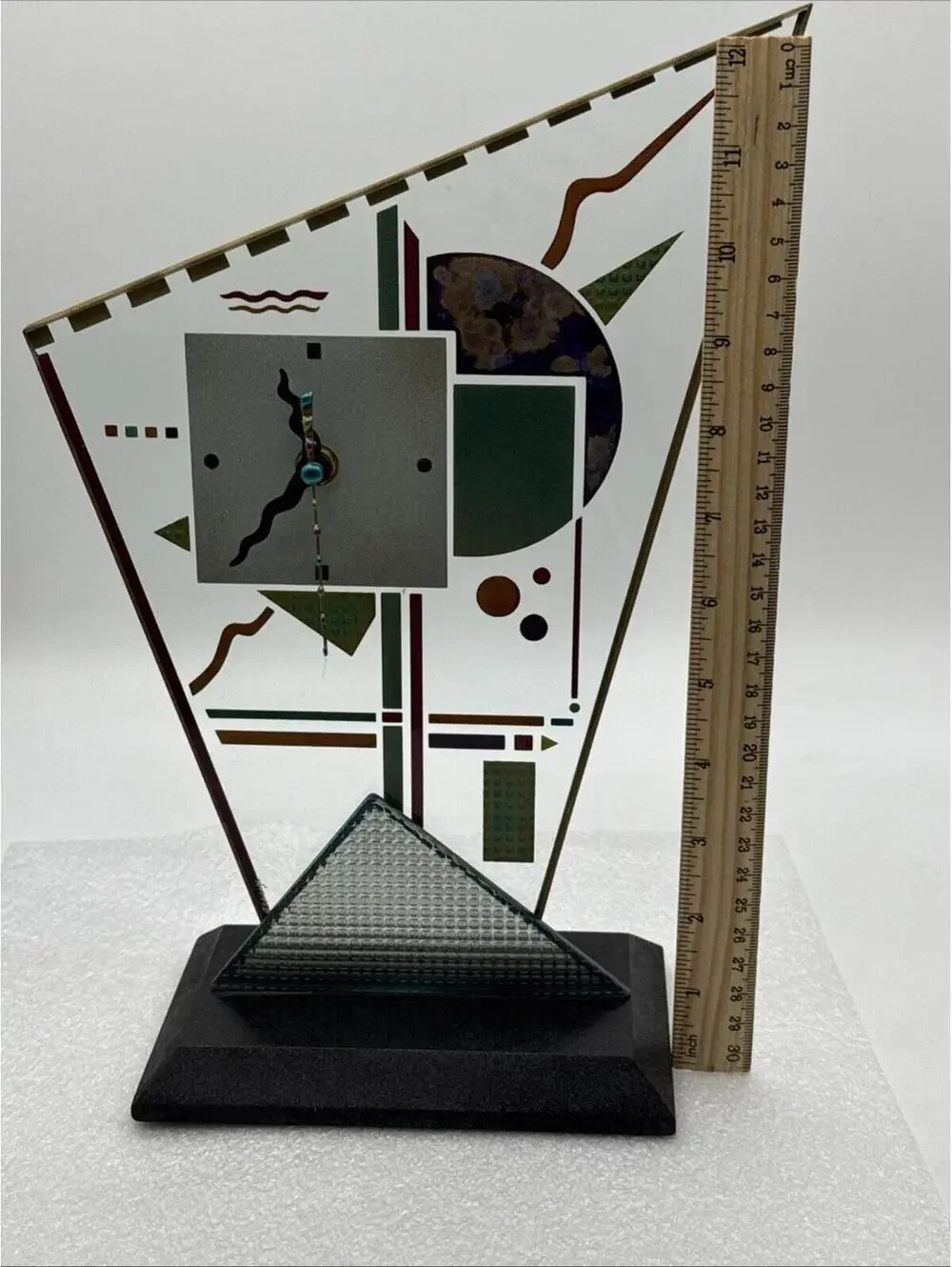 Vintage Art Deco Beaux Glass Mantle Geometric Takane Quartz Clock Signed 12.5”
